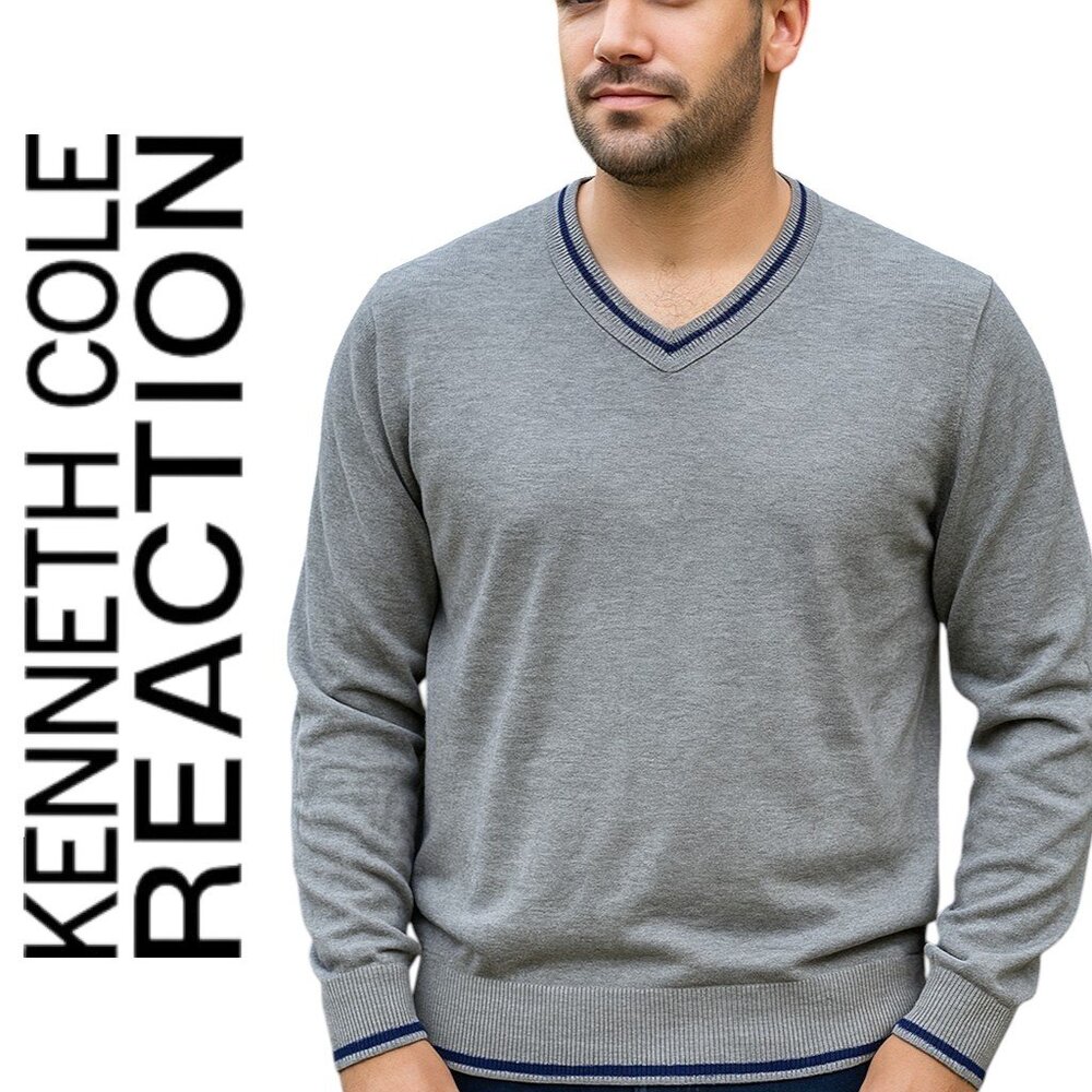 Kenneth Cole Reaction Men's L Large Heather Gray V-Neck Sweater Colorblock Blue